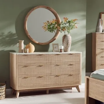 T4TREAM Fluted 6 Drawers Dresser, 54" Wide Modern Chest of Drawers with Faux Marble Top, Curved Profile Design, Dresser TV Stand, Wood Drawer Organizer for Bedroom, Living Room, Hallway, Natural Oak