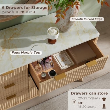 T4TREAM Fluted 6 Drawers Dresser, 54" Wide Modern Chest of Drawers with Faux Marble Top, Curved Profile Design, Dresser TV Stand, Wood Drawer Organizer for Bedroom, Living Room, Hallway, Natural Oak