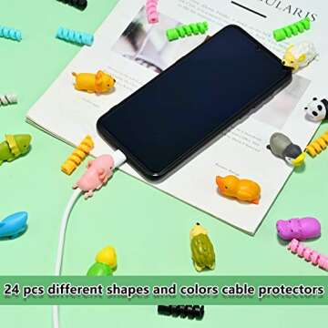 24 Pcs Charger Cable Protectors Cute Cartoon Animal USB Charging Cable Saver Phone Accessory and Spiral Tube Spring-Shaped Flexible Wire Protector