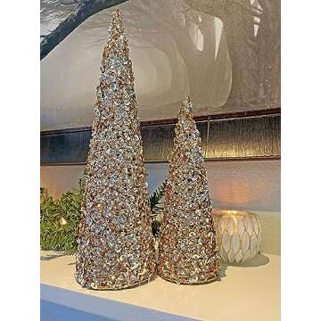 TenWaterloo Champagne Gold Artificial Christmas Cone Trees, Set of 2, 12 Inches and 18 Inches High