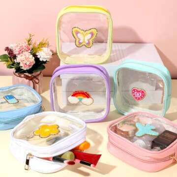 Abbylike 6 Pcs Small Preppy Patch Makeup Bags Mini Clear Travel Bag for Women PVC Waterproof Toiletry Bags Cute Chenille Pattern Pouch Purse with Zipper for Women, 4.9 x 4.7 x 2 Inch (Elegant)