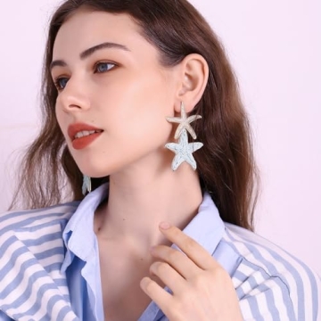 RUOFFETA Raffia Starfish Earrings, Raffia Straw Wrapped Starfish Drop Dangle Earrings Summer Tropical Beach Jewelry(Pea Green A)