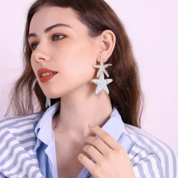 RUOFFETA Raffia Starfish Earrings, Raffia Straw Wrapped Starfish Drop Dangle Earrings Summer Tropical Beach Jewelry(Pea Green A)