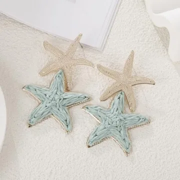 RUOFFETA Raffia Starfish Earrings, Raffia Straw Wrapped Starfish Drop Dangle Earrings Summer Tropical Beach Jewelry(Pea Green A)