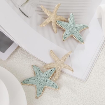 RUOFFETA Raffia Starfish Earrings, Raffia Straw Wrapped Starfish Drop Dangle Earrings Summer Tropical Beach Jewelry(Pea Green A)