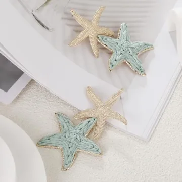 RUOFFETA Raffia Starfish Earrings, Raffia Straw Wrapped Starfish Drop Dangle Earrings Summer Tropical Beach Jewelry(Pea Green A)