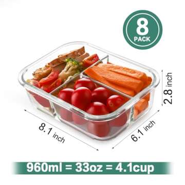 HOMBERKING 8 Pack Glass Meal Prep Containers 3 Compartment, 36oz Glass Food Storage Containers with ...
