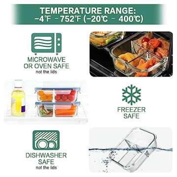 HOMBERKING 8 Pack Glass Meal Prep Containers 3 Compartment, 36oz Glass Food Storage Containers with Lids, Airtight Glass Lunch Bento Boxes, BPA-Free & Leak Proof (8 lids & 8 Containers) - Blue