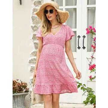 KOJOOIN Women's Maternity Smocked Short Sleeve Summer Dress V Neck Boho Ruffle Casual Swing Midi Dre...