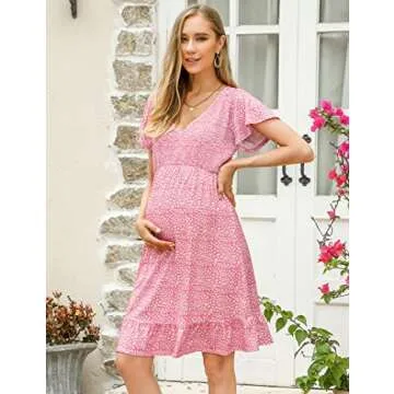 KOJOOIN Women's Maternity Smocked Short Sleeve Summer Dress V Neck Boho Ruffle Casual Swing Midi Dress Baby Shower Photoshoot Pink Floral XL