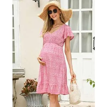 KOJOOIN Women's Maternity Smocked Short Sleeve Summer Dress V Neck Boho Ruffle Casual Swing Midi Dress Baby Shower Photoshoot Pink Floral XL