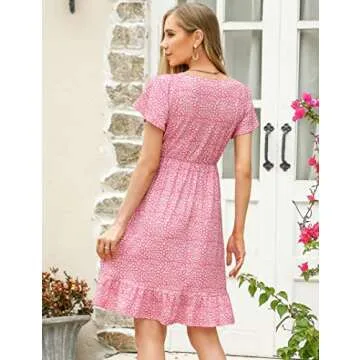 KOJOOIN Women's Maternity Smocked Short Sleeve Summer Dress V Neck Boho Ruffle Casual Swing Midi Dress Baby Shower Photoshoot Pink Floral XL