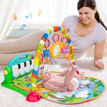 UNIH Baby Gym Play Mat and Play Piano Gym with Tummy Time Mat, Musical Light Activity Center for Infants Toddlers, Chrismas Birthday Toy Play Mat for Newborn