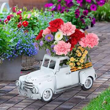 FJJBSD Farmhouse White Truck Decor, Vintage Metal Truck Decor,Rustic Outdoor/Indoor Pickup Truck Planter,Decorative Tabletop Storage, Farm Table Trucks Decor, Car Model Gift