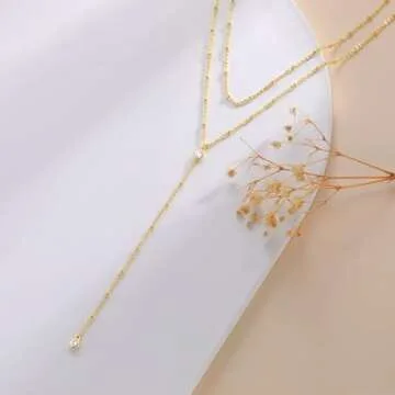 FAONDU Gold Long Layered Y Necklace for Women Jewelry