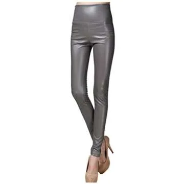 Sosite Women Thick High Waist Faux Leather Leggings Skinny Pencil Party Pants (XXL, Light Gray)