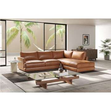 Valencia Serena 108" Cognac Tan Brown Full Leather Sectional Sofa with Right Chaise | Nappa 11000 Le...
