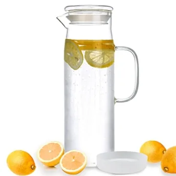 hjn Glass Pitcher with Lid Glass Water Carafe with Handle, Fridge Water Jug Cold or Hot Beverages, I...