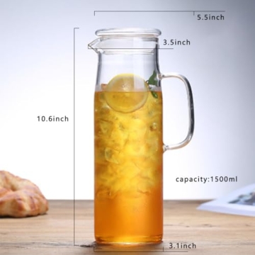 hjn Glass Pitcher with Lid Glass Water Carafe with Handle, Fridge Water Jug Cold or Hot Beverages, Iced Tea, Milk, Juice 1500ml/51oz & glass lid