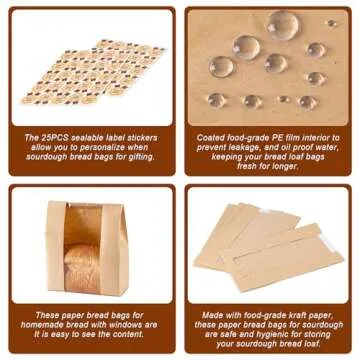 Paper Bread Bags 25PCS, Sourdough Bread Bags for Homemade Bread, Large Bakery Bags with Window Includes 25PCS Label Seal Stickers for Homemade Bread Storage(13.7x8.3x3.5 inch)