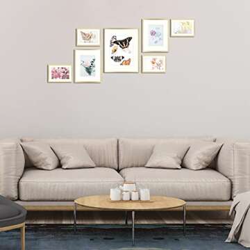 Golden State Art, Set of 7, Aluminum Photo Frame with Ivory Color Mat & Real Glass, Metal Wall Photo Frame Collection (Gold)