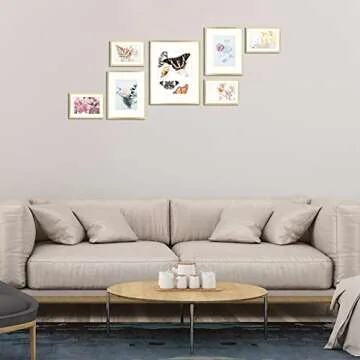 Golden State Art, Set of 7, Aluminum Photo Frame with Ivory Color Mat & Real Glass, Metal Wall Photo Frame Collection (Gold)