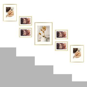 Golden State Art, Set of 7, Aluminum Photo Frame with Ivory Color Mat & Real Glass, Metal Wall Photo Frame Collection (Gold)
