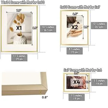 Golden State Art, Set of 7, Aluminum Photo Frame with Ivory Color Mat & Real Glass, Metal Wall Photo Frame Collection (Gold)