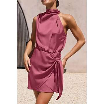 PRETTYGARDEN Women's Short Formal Satin Dress Summer Sleeveless Mock Neck Tie Waist Cocktail Party Dresses (Dusty Pink,Small)