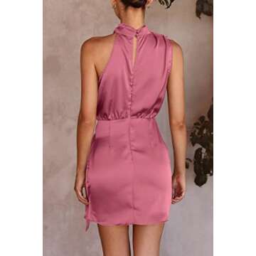 PRETTYGARDEN Women's Short Formal Satin Dress Summer Sleeveless Mock Neck Tie Waist Cocktail Party Dresses (Dusty Pink,Small)