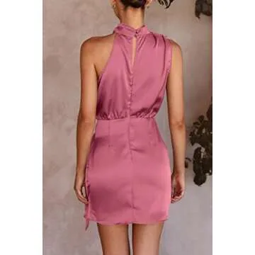 PRETTYGARDEN Women's Short Formal Satin Dress Summer Sleeveless Mock Neck Tie Waist Cocktail Party Dresses (Dusty Pink,Small)