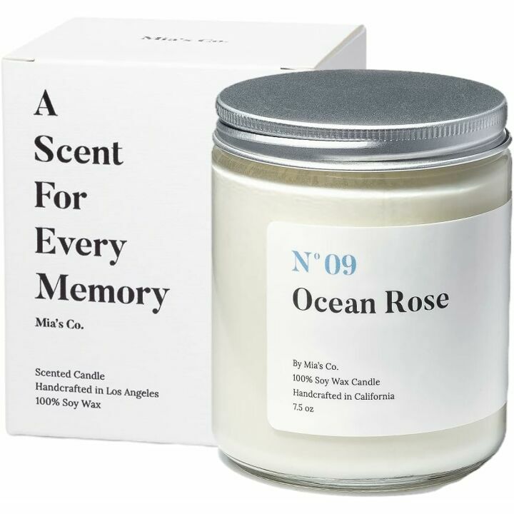 Mia's Co Ocean Rose Scented Candle, Handmade with Natural Soy Wax and Cotton Wicks, 7.5 oz Minimalist Candle for Home, Long Lasting Burning for Stress Relief, Candle Gift for Women