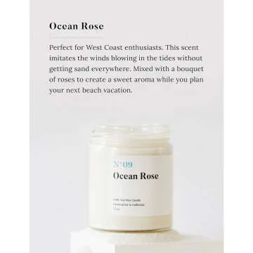 Mia's Co Ocean Rose Scented Candle, Handmade with Natural Soy Wax and Cotton Wicks, 7.5 oz Minimalist Candle for Home, Long Lasting Burning for Stress Relief, Candle Gift for Women