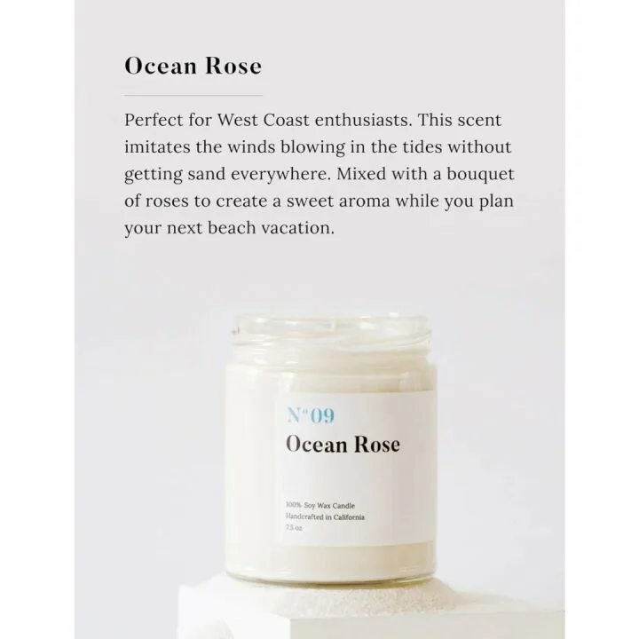 Mia's Co Ocean Rose Scented Candle, Handmade with Natural Soy Wax and Cotton Wicks, 7.5 oz Minimalist Candle for Home, Long Lasting Burning for Stress Relief, Candle Gift for Women