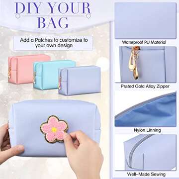 Sanwuta 9 Pcs Preppy Makeup Bag PU Leather Cosmetic Bag Makeup Pouch Plain Waterproof Toiletry Organizers for Traveling Preppy Travel Purse(Pink, Blue, Purple)