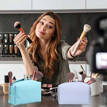 Sanwuta 9 Pcs Preppy Makeup Bag PU Leather Cosmetic Bag Makeup Pouch Plain Waterproof Toiletry Organizers for Traveling Preppy Travel Purse(Pink, Blue, Purple)