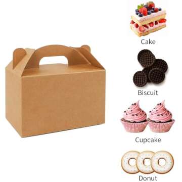 Moretoes 36 Pack Party Treat Boxes, 6 x 3.5 x 3.5 Inches Brown Gift Boxes with Handles, Kraft Party Favor Boxes for Keeping Candy, Cupcake, Cookies
