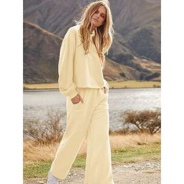 ANRABESS Women’s Two Piece Outfits Long Sleeve Crop Top Wide Leg Sweat Pants Knit Sweatsuit Fall Lounge Matching Clothes Set Beige Large