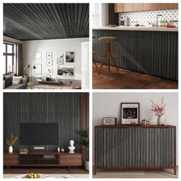 FunStick 24"x200" Black Wood Slats Peel and Stick Wallpaper Removable Wood Contact Paper Peel and Stick 3D Wood Slat Wall Panel Wall Paper Decor Self Adhesive Wood Wallpaper for Bathroom Cabinets Desk