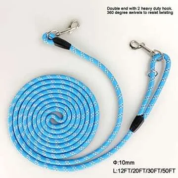 CodepetsLong Rope Dog Leash for Dog Training 12FT 20FT 30FT 50FT, Reflective Threads Dog Cat Leashes Tie-Out Check Cord Recall Training Agility Lead for Large Medium Small Dogs (Blue, 10mm*12ft)