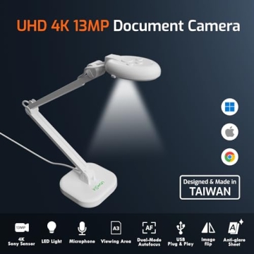 INSWAN INS-2 4K USB 13MP Document Camera with Auto Focus, LED Light, Mic, A3-Size Capture, Compatible with MacOS, Windows, Chromebook for Remote Teaching, Web Conferencing, IWBs, Live Demo