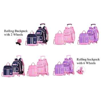Bowknot Kids Girls Rolling Backpack Cute Carry-on Luggage with Wheels Trolly BookBag for School-2 Wheels