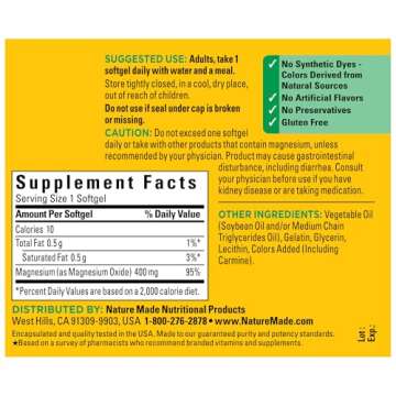 Nature Made Extra Strength Magnesium Oxide 400 mg, Magnesium Supplement for Muscle, Nerve, Bone and Heart Support, 60 Softgels, 60 Day Supply