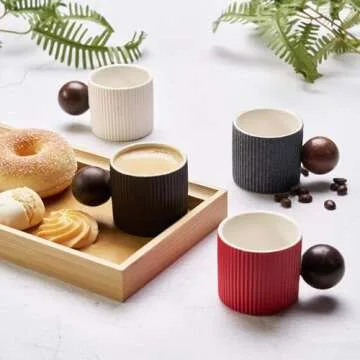 CLASGLAZ Ceramic Mini Espresso Cups Demitasse Cups with Round Wooden Handle Vertical Stripes Tea Cups (Black/White, 2pcs)