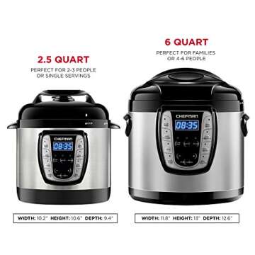 Chefman 2.5 Qt. Electric Multicooker, 9-in-1 Programmable Pressure Cooker, Prepare Dishes in an Instant, Aluminum Pot Multifunctional Slow Cooker, Rice Cooker/Steamer, Sauté, Soup Maker