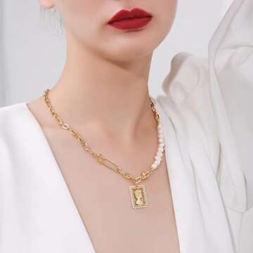 Womens Necklace Pearl necklace Pendant Necklace for Women Choker Half Pearl Half Chain Necklace with Baroque Irregular Freshwater Pearl T3-02