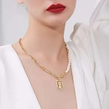 Womens Necklace Pearl necklace Pendant Necklace for Women Choker Half Pearl Half Chain Necklace with Baroque Irregular Freshwater Pearl T3-02