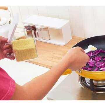 Hedume 2 Pack 3 Grids Clear Seasoning Box with Handle and Spoon, Seasoning Storage Container Rack Combo Set with Removable Cruet Jars for Spice Salt Sugar