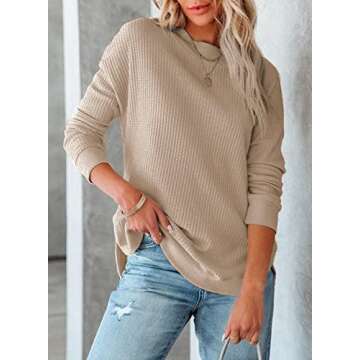 Dokotoo Womens Ladies Plus Size Winter Waffle Solid Sweatshirts Loose Fit Casual Crewneck Long Sleeve Fall Shirts Side Split Spring Pullover Blouse Tops Lightweight Sweaters Apricot US(8-10) M