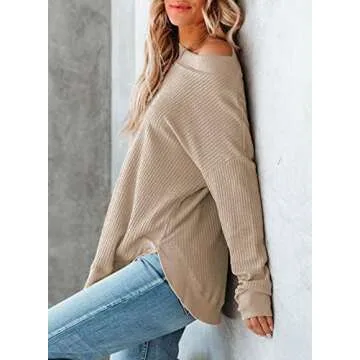 Dokotoo Womens Ladies Plus Size Winter Waffle Solid Sweatshirts Loose Fit Casual Crewneck Long Sleeve Fall Shirts Side Split Spring Pullover Blouse Tops Lightweight Sweaters Apricot US(8-10) M